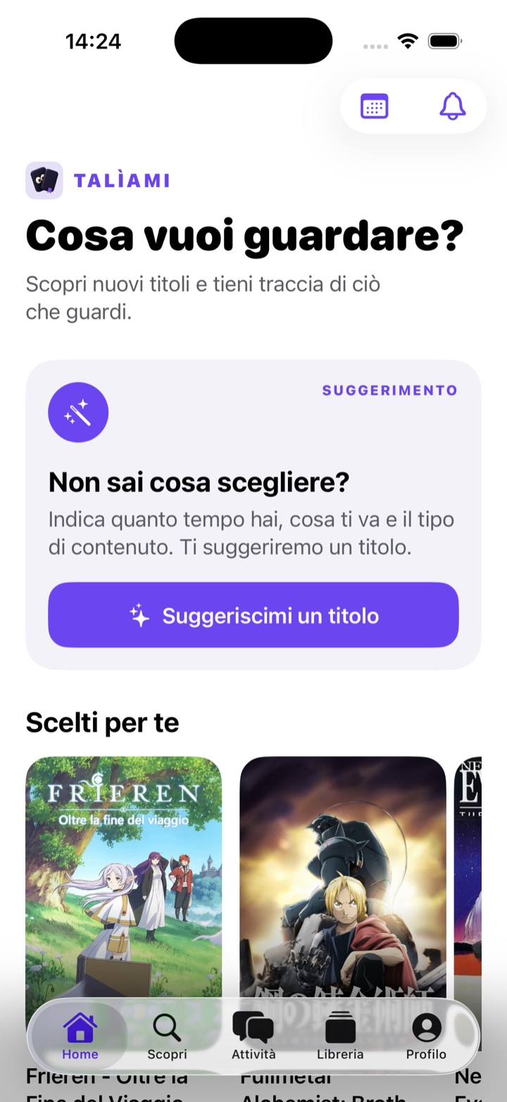 Home di Talìami con suggerimenti personalizzati